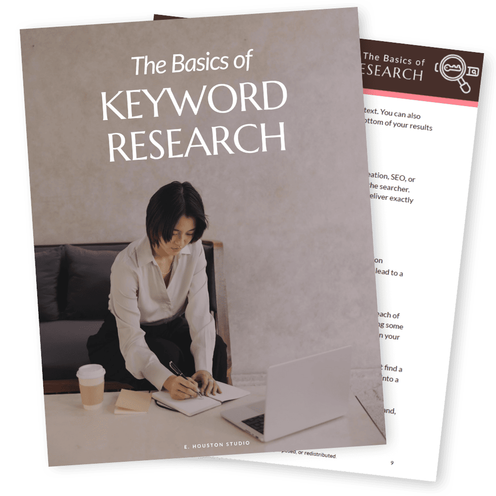 Book titled "The Basics of Keyword Research" with a cover image of a person writing at a desk with a laptop and coffee.