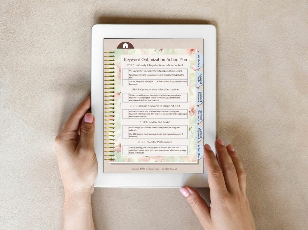 Person holding a tablet displaying a document titled "Keyword Optimization Action Plan" with five outlined steps and decorative floral accents.