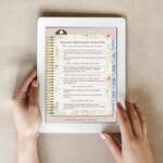 Person holding a tablet displaying a document titled "Keyword Optimization Action Plan" with five outlined steps and decorative floral accents.