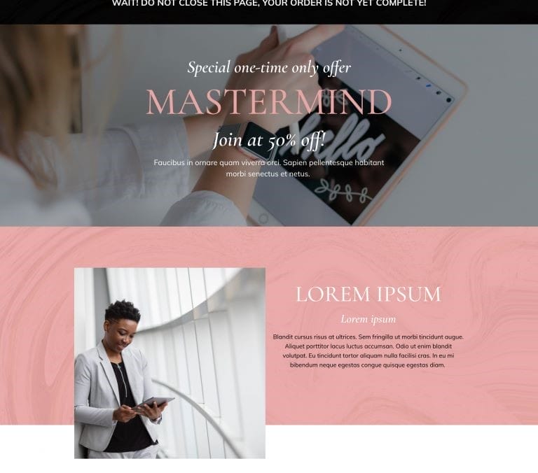 A person holds a tablet displaying “Goals” on the screen; below, another stands by a railing writing in a notebook. Text advertises a special offer for the shopping cart plugin WordPress users love, along with placeholder content.