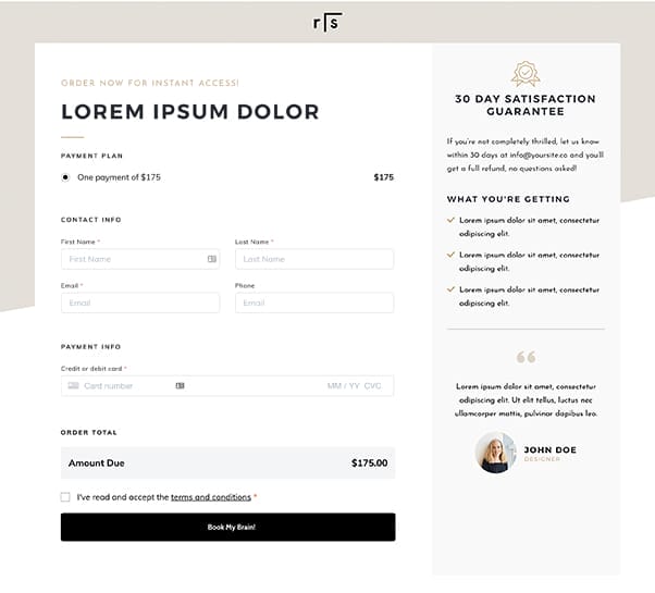 Online checkout form for a $175 payment, featuring name, email, and credit card fields—integrates seamlessly with your shopping cart plugin for WordPress. Includes a 30-day satisfaction guarantee and a benefits summary on the right.