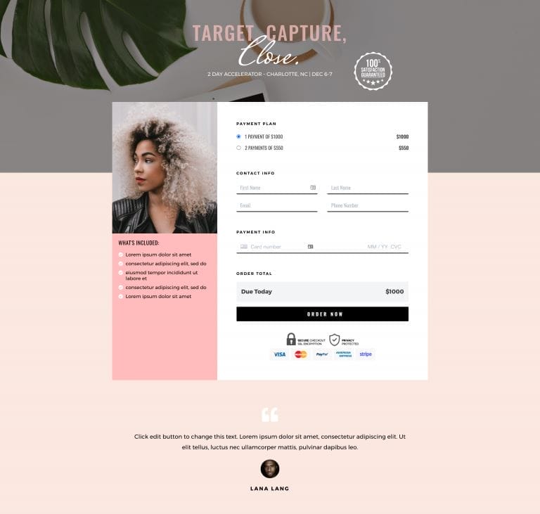 A website page features a woman with curly hair, a payment form powered by a shopping cart plugin WordPress, event details, a list of inclusions, and a footer with placeholder text and a circular profile photo.