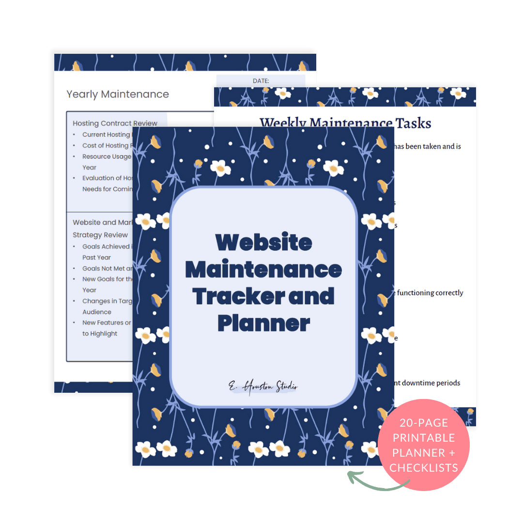 Image of a "Website Maintenance Tracker and Planner" printable, showing cover and sample pages for yearly and weekly maintenance tasks, with a note indicating it's a 20-page planner and checklist set.