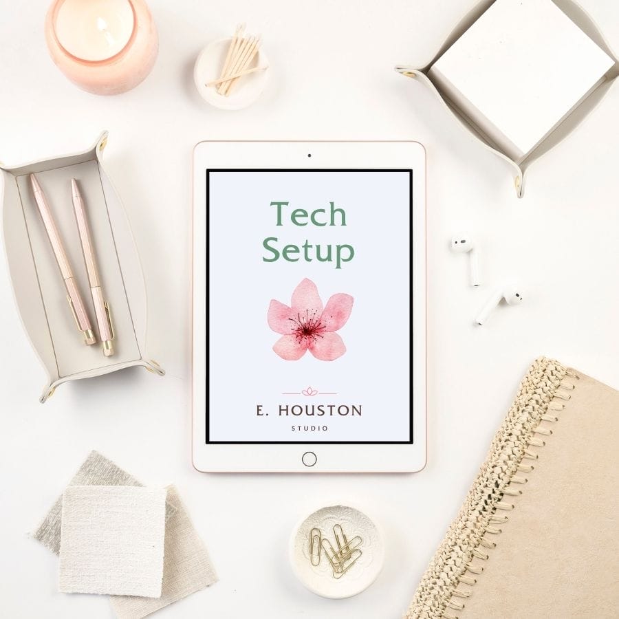 Flat lay of an iPad displaying "Tech Setup" by E. Houston Studio, surrounded by stationery, AirPods, a candle, and fabric swatches—perfect inspiration for your 30 day website project on a bright white desk.