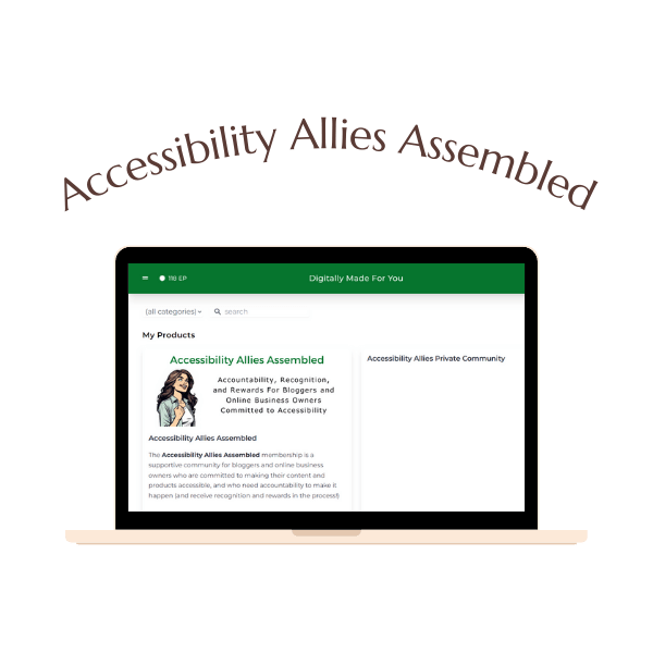 A laptop displays a website page titled "Accessibility Allies Assembled" with product listings and descriptions on the screen.