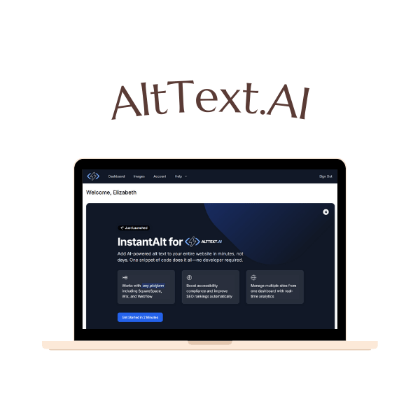 A laptop displays the AltText.AI dashboard, featuring a welcome message and information about generating accessible alt text for images.
