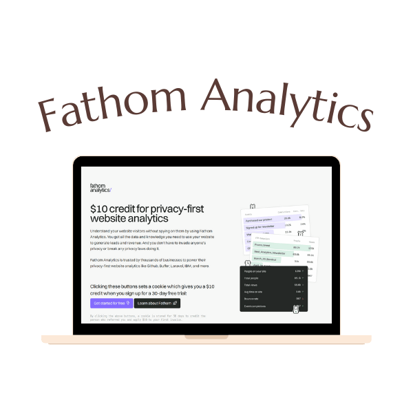 A laptop displaying the Fathom Analytics website, highlighting a $10 credit offer for privacy-focused website analytics services.