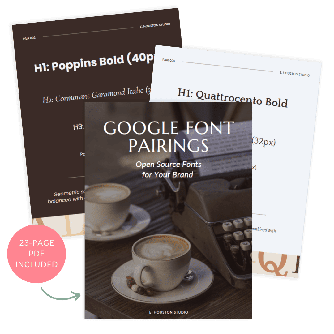 Three sample pages from a "Google Font Pairings" PDF are shown, featuring font combinations and a cover with coffee cups. A pink label notes "23-page PDF included.