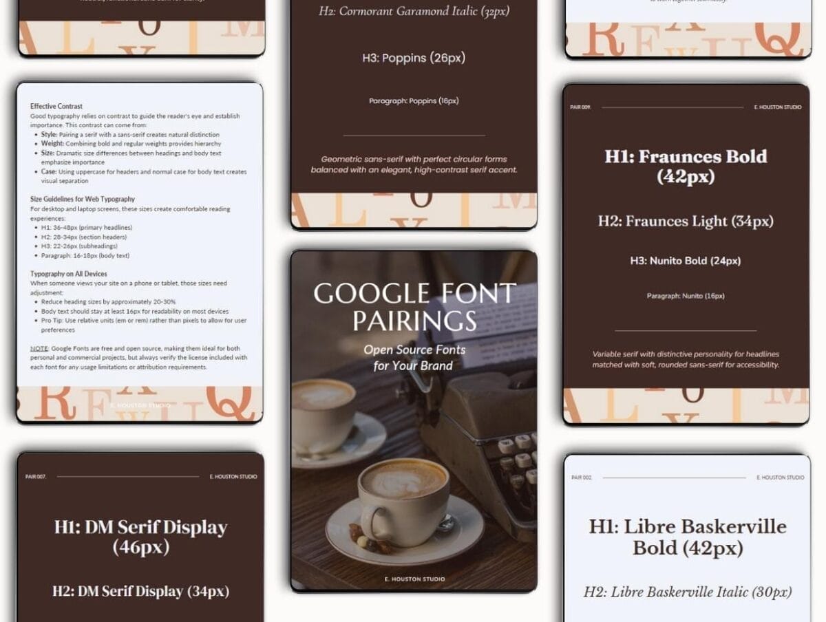 A collage of cards displaying different Google font pairings, each card showing font names, styles, and sample text on a brown and white background.
