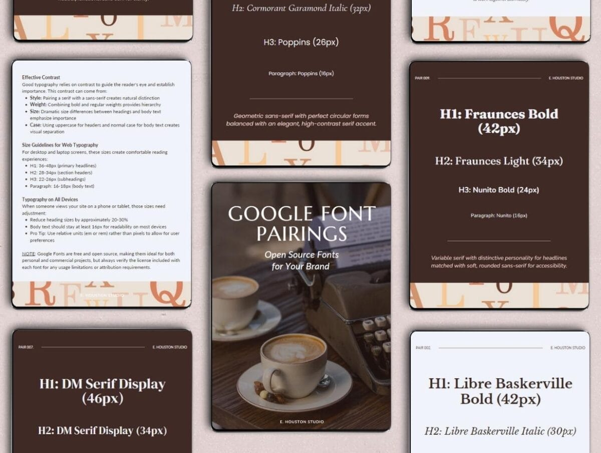 A collage showing various font pairings and typography guidelines, featuring sample headings and body text using different Google Fonts on dark and light backgrounds.