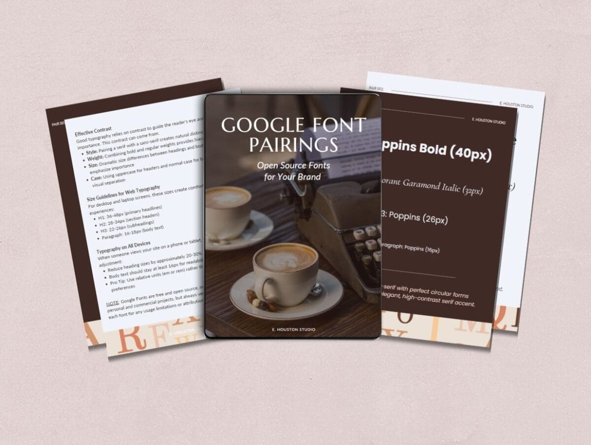 A booklet titled "Google Font Pairings" is placed on top of three overlapping documents, featuring sample fonts, guidelines, and images of coffee cups.