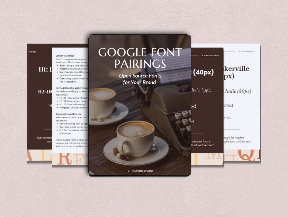Three overlapping pages display a guide titled "Google Font Pairings," featuring a coffee cup, typewriter, and text samples about font usage and pairings.