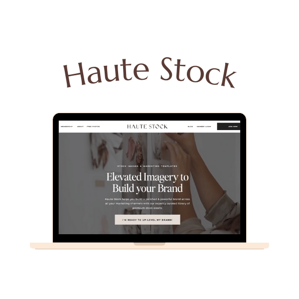 A laptop displays the Haute Stock website homepage, featuring the headline "Elevated Imagery to Build your Brand" against a background of styled hands arranging items.