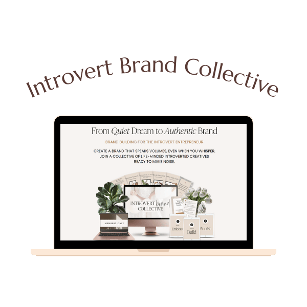 A laptop displays the Introvert Brand Collective website, featuring branding materials, a plant, and text about building authentic brands for introverted entrepreneurs.