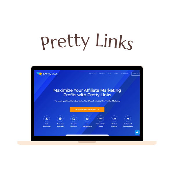 A laptop displays the Pretty Links website homepage, featuring options for link shortening, analytics, and affiliate marketing tools.