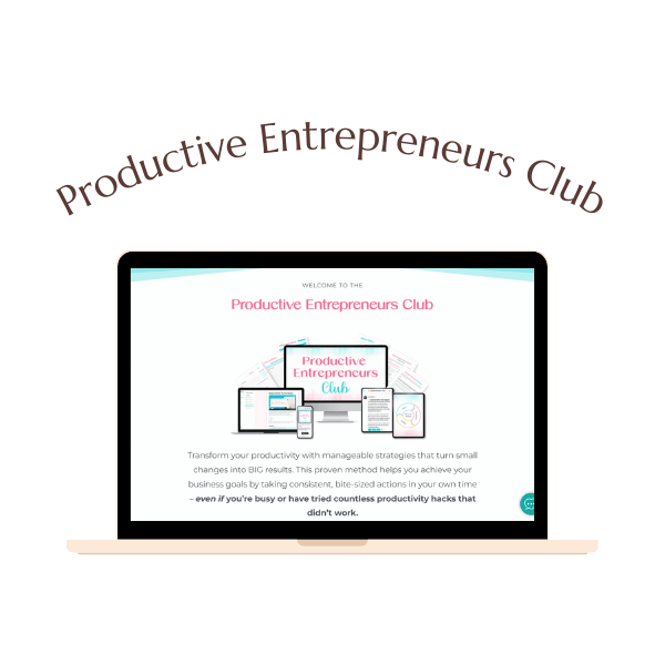 A laptop displays the Productive Entrepreneurs Club website, featuring a headline, images of digital tools, and a description of productivity strategies. "Productive Entrepreneurs Club" is arched above.