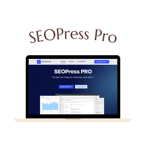 A laptop displays the SEOPress PRO website homepage, featuring site analytics and overview screenshots under the heading "The Best SEO Plugin for WordPress. Now with AI.