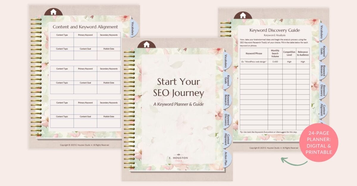 Three pages of a floral-themed SEO keyword planner are displayed, featuring content alignment and keyword discovery charts. The text highlights that it’s a 24-page digital and printable guide for effective SEO planning.
