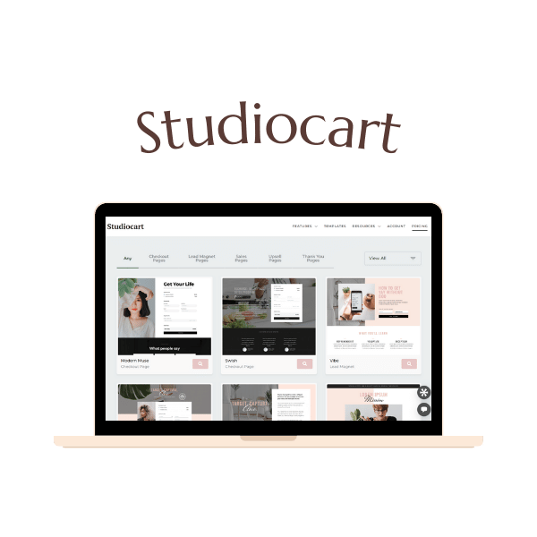 A laptop displaying the Studiocart website, featuring various template options and a navigation menu on the screen.