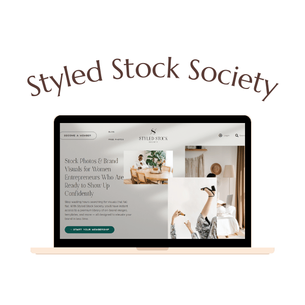 A laptop displaying the Styled Stock Society website, featuring stock photos and brand visuals for women entrepreneurs, with the text "Styled Stock Society" above it.