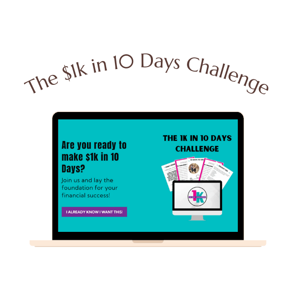 A laptop displays a promotional graphic for "The $1k in 10 Days Challenge," with text inviting users to join for financial success.