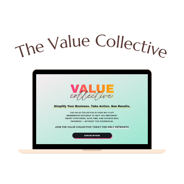 A laptop displaying a colorful website titled "Value Collective," promoting a business membership for $9/month with a sign-up button.