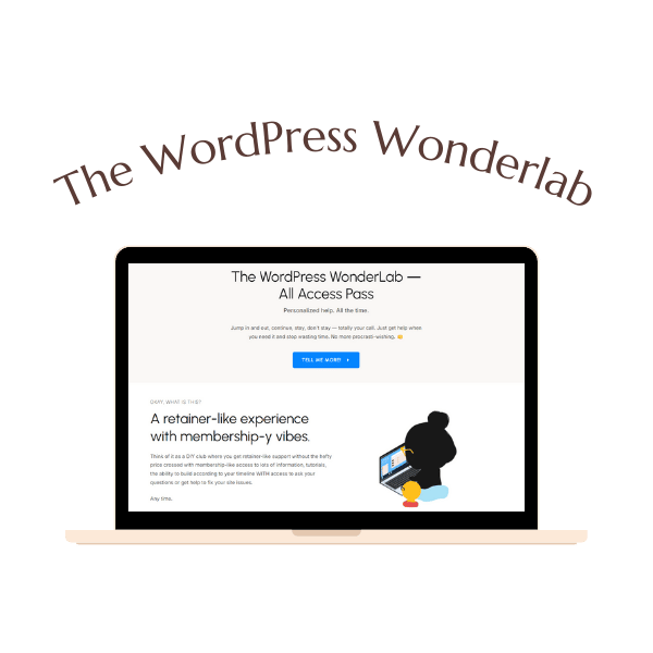 A laptop displaying the WordPress WonderLab All Access Pass webpage, with "The WordPress Wonderlab" text arching above the screen.