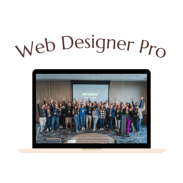 A group of people posing and smiling together in front of a presentation screen, shown on a laptop display with the words "Web Designer Pro" above.