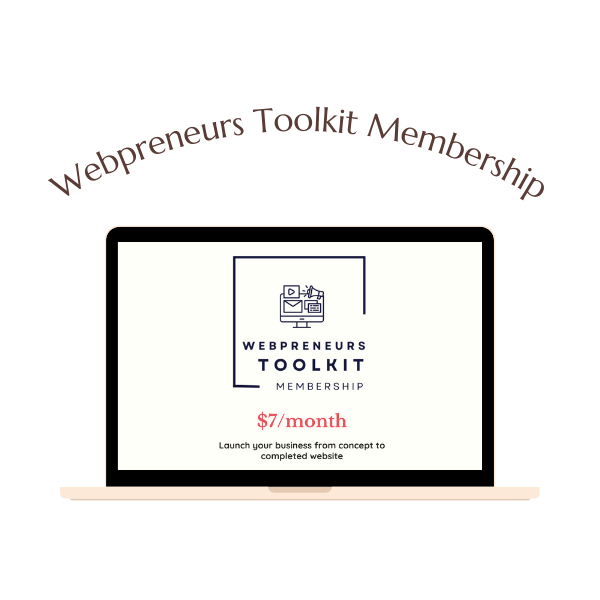 A laptop displays a promotional graphic for the Webpreneurs Toolkit Membership, offering website-building resources for $7 per month.