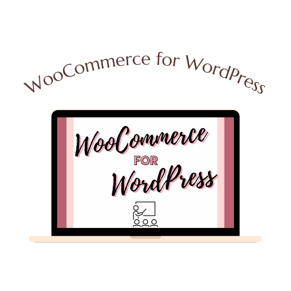 A laptop displays the text "WooCommerce for WordPress" with a shopping cart icon, and the same phrase is curved above the laptop.