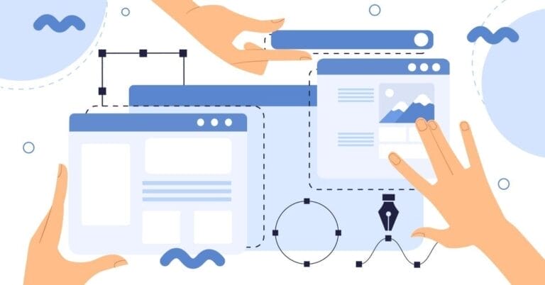 Illustration of hands arranging website interface elements, including browser windows, toolbars, image placeholders, and design tools on a light background—perfect for representing a website refresh.