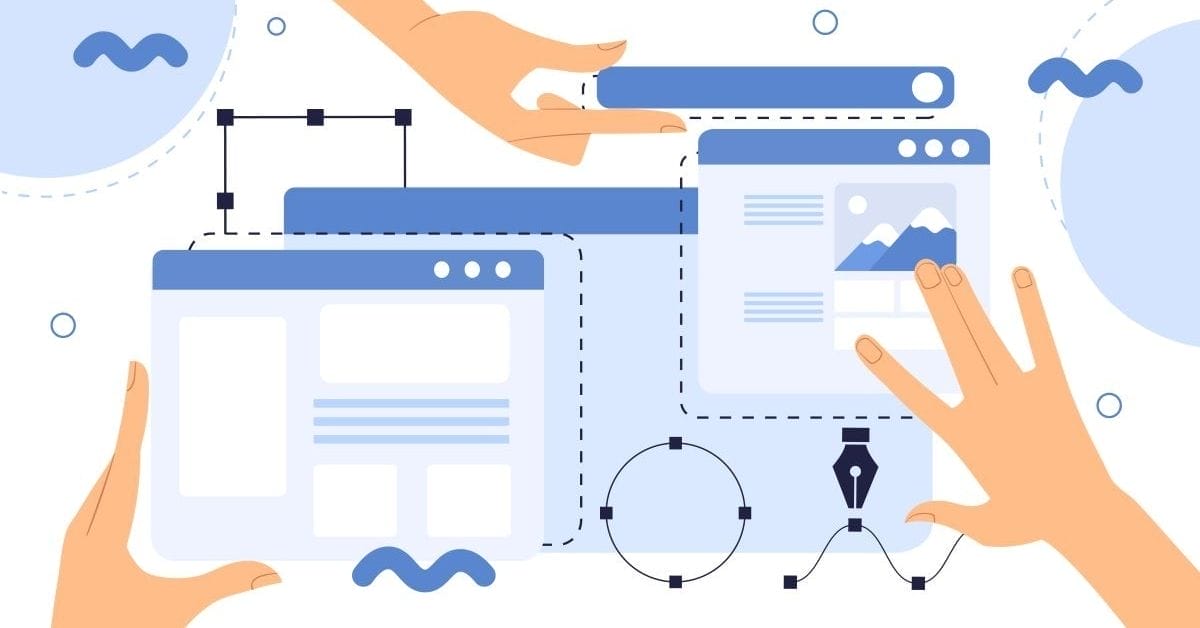 Illustration of hands arranging website interface elements, including browser windows, toolbars, image placeholders, and design tools on a light background—perfect for representing a website refresh.