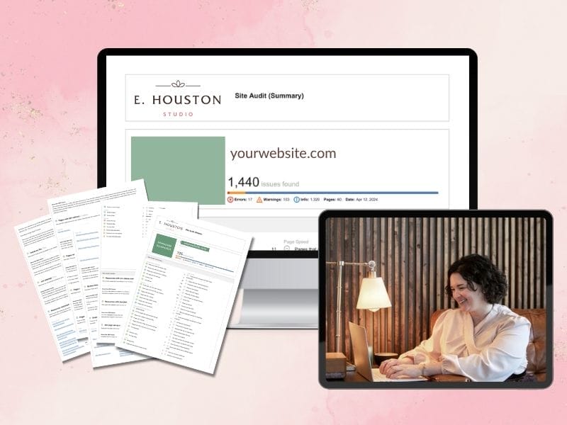 A computer screen shows a website audit summary, papers are spread out, and a woman is smiling at a laptop in a separate window.