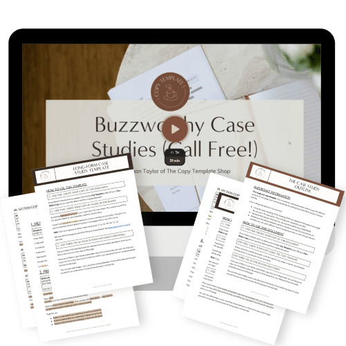 A computer screen displaying a webinar titled "Buzzworthy Case Studies (all Free!)" with various printed case study templates spread out in the foreground.