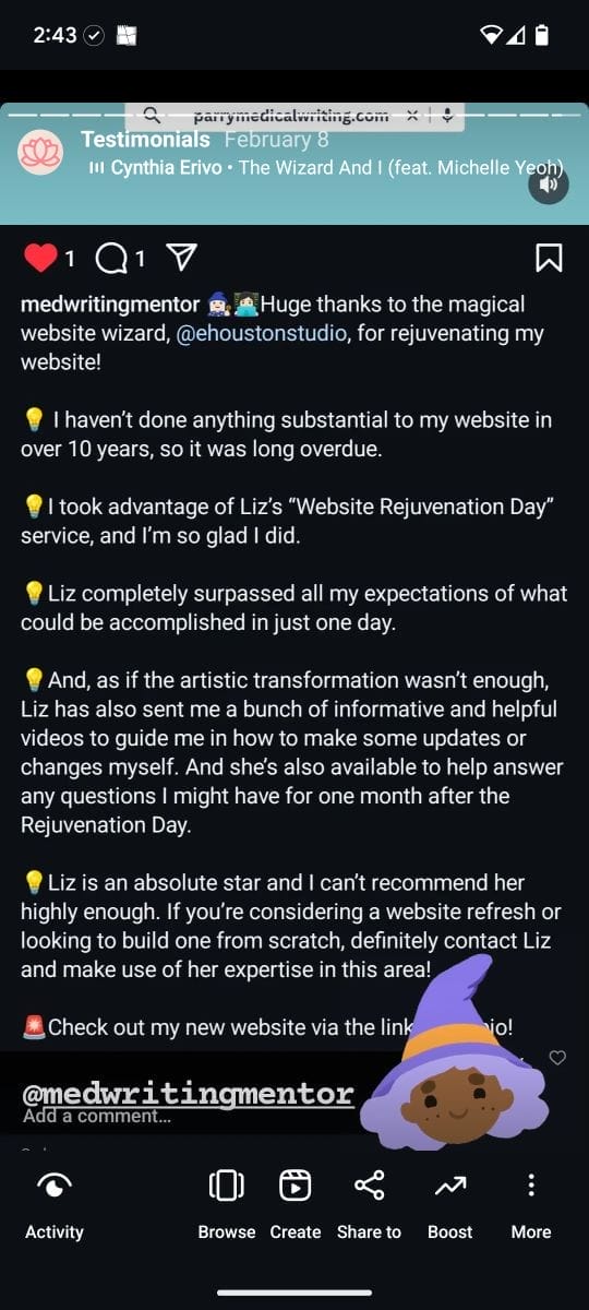 A testimonial post praising a website update, with a cartoon wizard sticker in the bottom right. The post mentions "Website Rejuvenation Day" and recommends the service provider.
