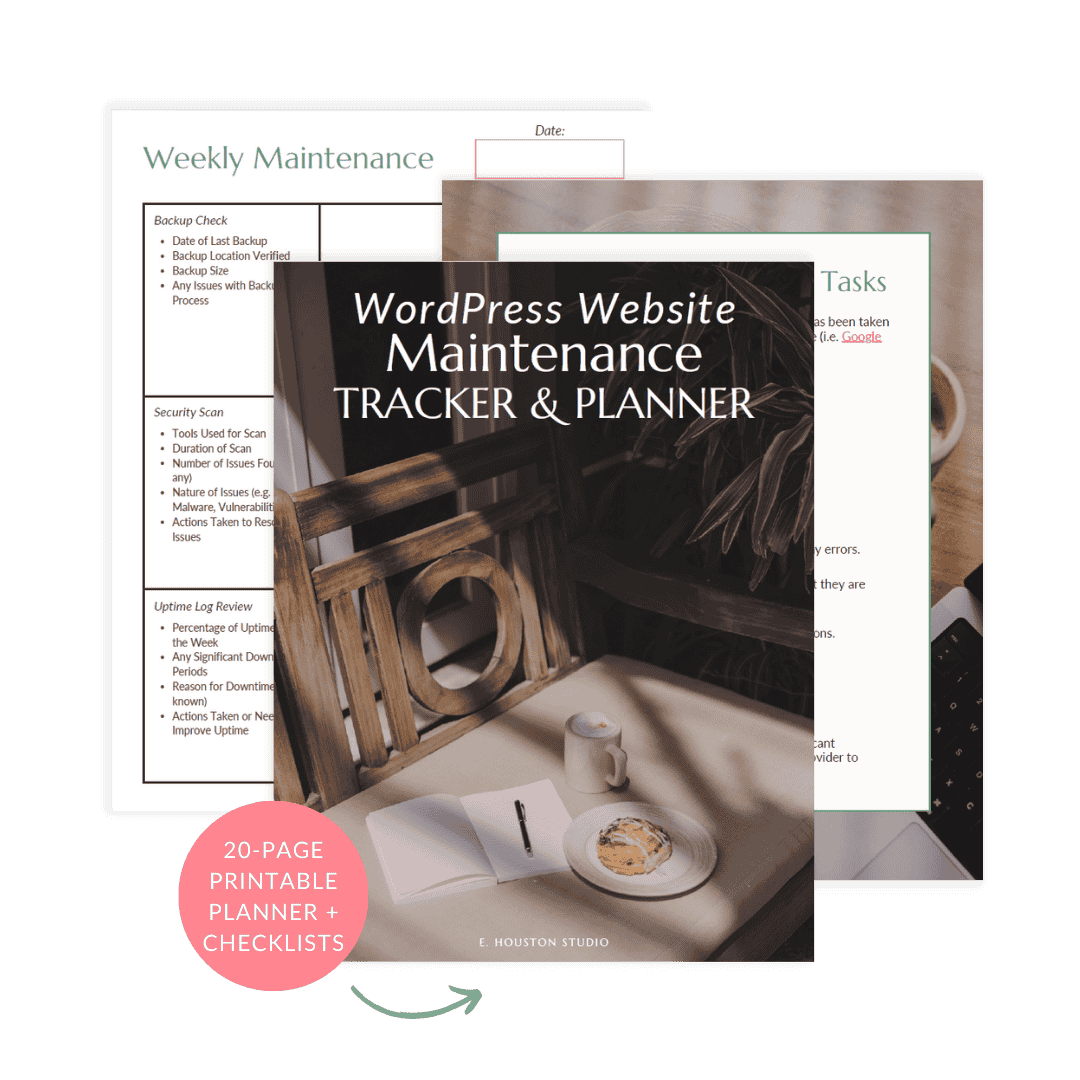 Three overlapping pages of a printable "WordPress Website Maintenance Tracker & Planner" featuring weekly maintenance tasks and a pink label noting "20-page printable planner + checklists.
