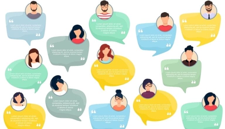 Illustration of diverse avatar portraits with speech bubbles containing placeholder text, perfect for showcasing testimonials in web design and representing a variety of people sharing quotes or messages.