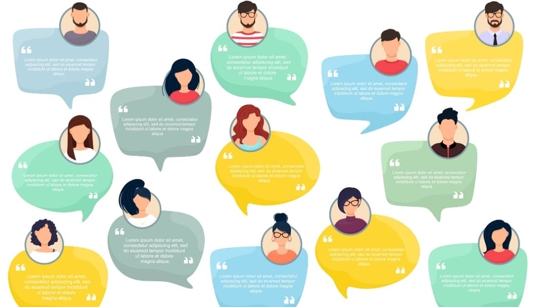 Illustration of diverse avatar portraits with speech bubbles containing placeholder text, perfect for showcasing testimonials in web design and representing a variety of people sharing quotes or messages.