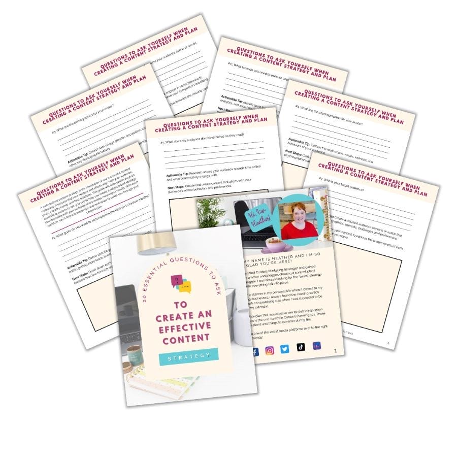A collection of printed worksheets and a booklet titled "28 Essential Questions to Ask to Create an Effective Content Strategy" arranged in a fan-like layout.