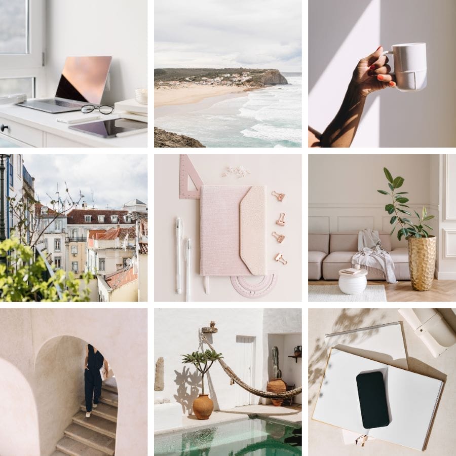 A collage of nine images featuring a laptop, a coastal landscape, a hand holding a mug, city rooftops, stationery, a living room, a stone staircase, a poolside scene, and a smartphone with a notebook.