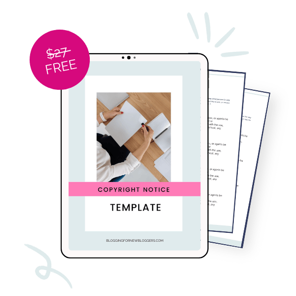 An image of a digital copyright notice template on a tablet with a “FREE $27” label and a partially visible document behind it.