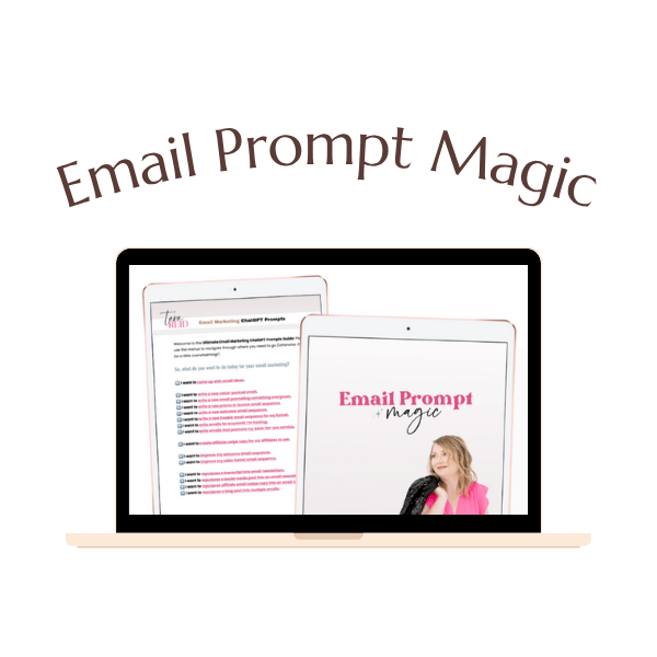 A laptop displaying two digital documents titled "Email Prompt Magic," one featuring a checklist of the best tools for online business and the other a cover image with a woman’s photo.