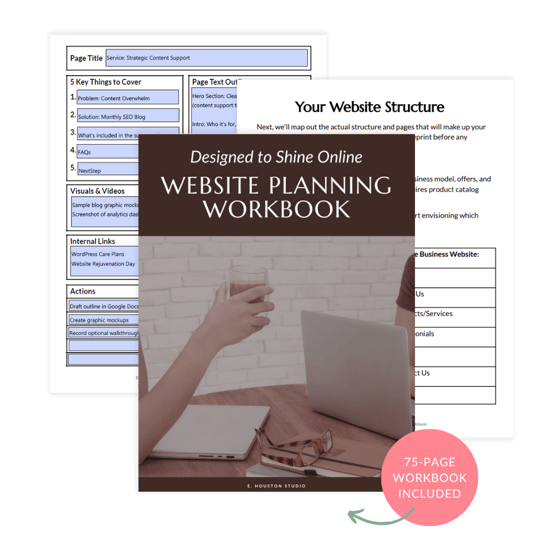 The website planning workbook cover is displayed in front of website content worksheets, with a label stating “75-page website planning workbook included.”.