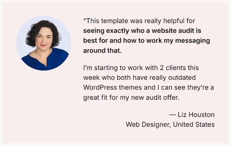 A woman with short curly hair and a blue top is pictured next to a testimonial about a website audit template, attributed to Liz Houston, Web Designer, United States.