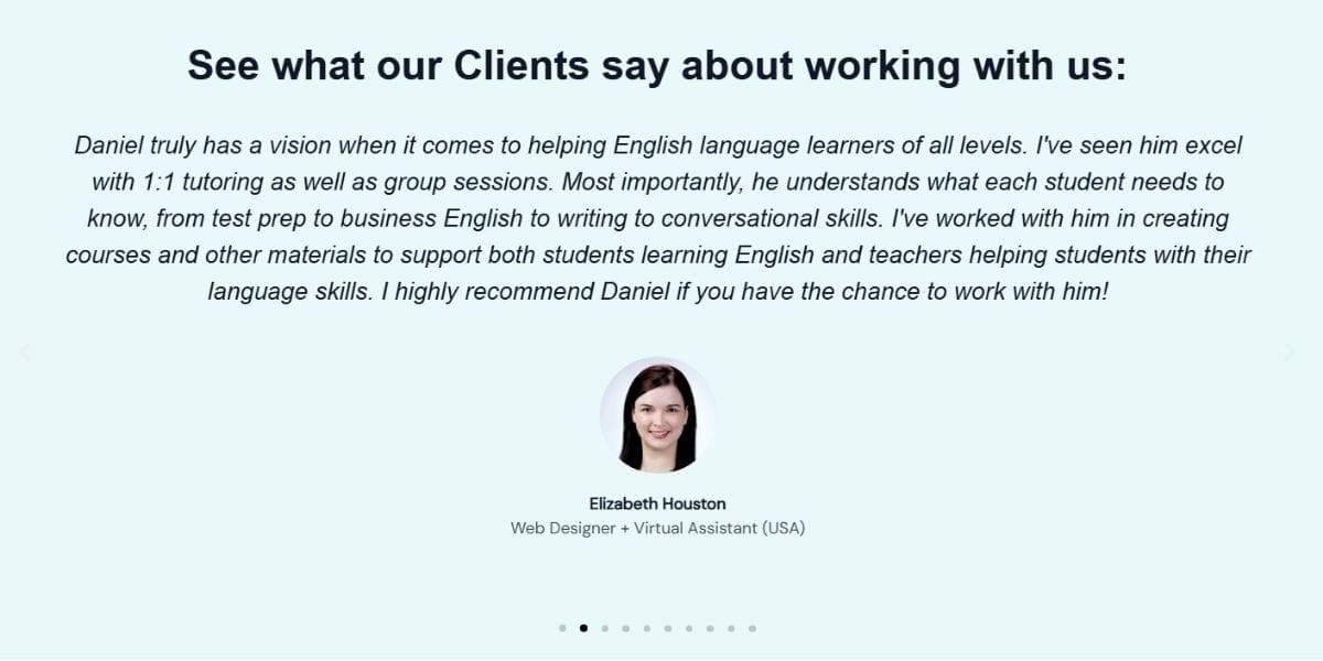 Testimonial from a client praises Daniel's effective English language tutoring for all levels, highlighting personalized sessions and support. Includes a photo of the client, Elizabeth Houston.
