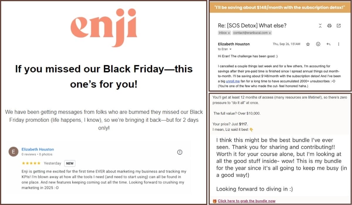 A promotional email for Enji's Black Friday sale features customer feedback and a highlighted client testimonial about the value of their marketing bundle.