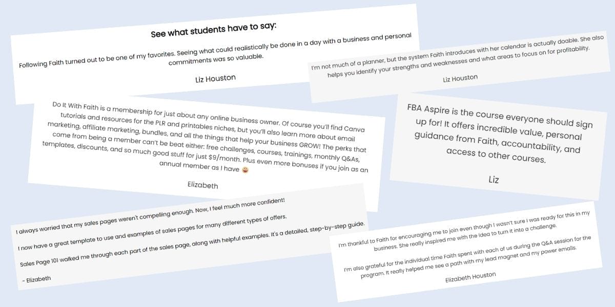 A collage of six positive testimonials from students about online business and faith-based courses, highlighting value, support, and practical benefits. White background with black and gray text.