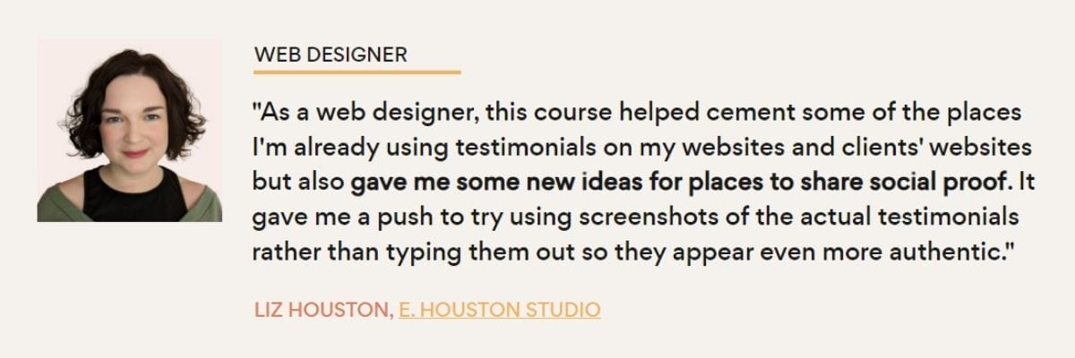 Portrait of a woman next to a testimonial about a web design course, highlighting the value of using authentic client testimonials as social proof on websites.