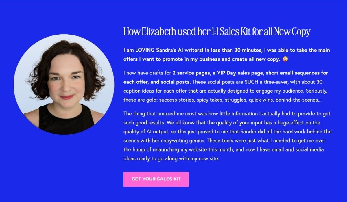 A woman with short dark hair smiles at the camera beside a testimonial about using an AI sales kit for copywriting, displayed on a blue and purple background.