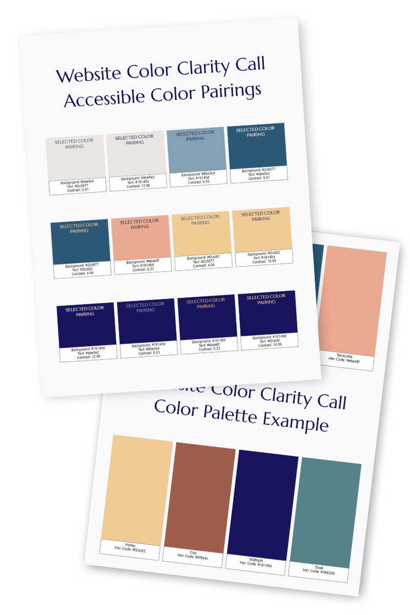 Two overlapping sheets display accessible website color pairings and a color palette example featuring shades of cream, brown, blue, and peach with labeled color boxes.